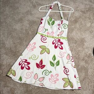 90s Y2K style dress White Halter Midi Dress with Pink and Green Leaf Motif